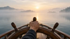 Sanierungsverfahren mit Eigenverwaltung: Hand am Steuerrad eines Bootes im Morgennebel